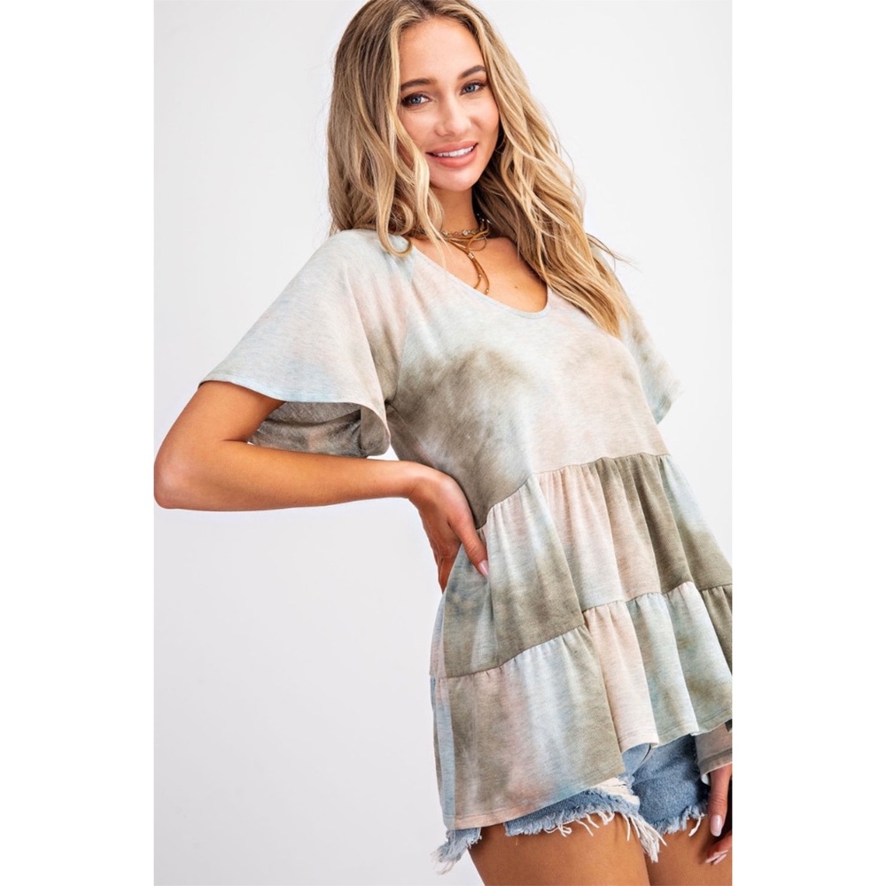 SOLD OUT Olive Tie Dye Boho Tiered Ruffle Babydoll Top - Picture 2 of 8